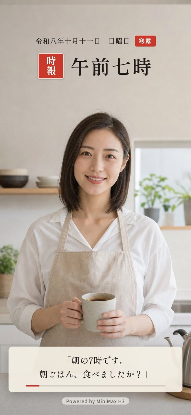 正時の画面。朱印「時報」と午前七時、下に台詞の字幕