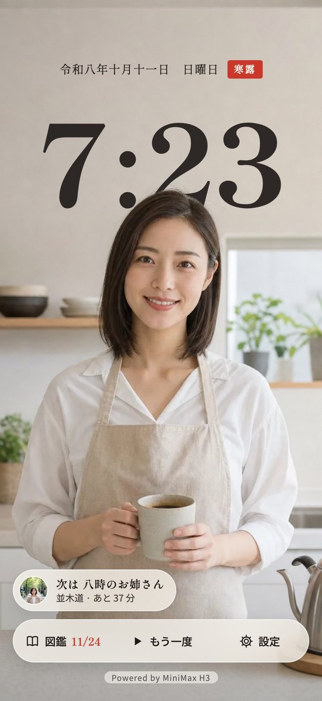 時計の画面。午前七時二十三分。大きな時刻がお姉さんの頭の後ろにあり、下に次の人と操作の帯